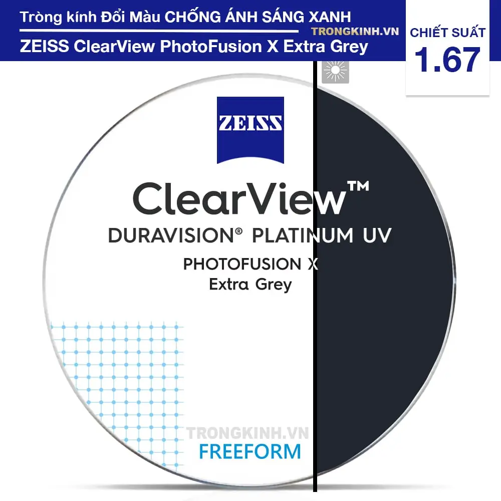 Tròng kính siêu mỏng Đổi Màu Chống Ánh Sáng Xanh Zeiss PhotoFusion X Extra Grey 1.67