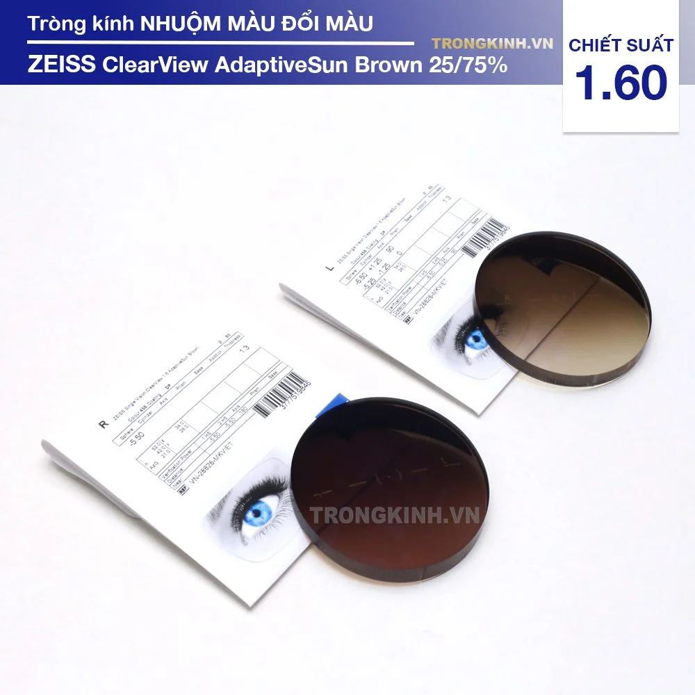Tròng kính Mát Đổi màu ZEISS ClearView AdaptiveSun Brown 25/75%