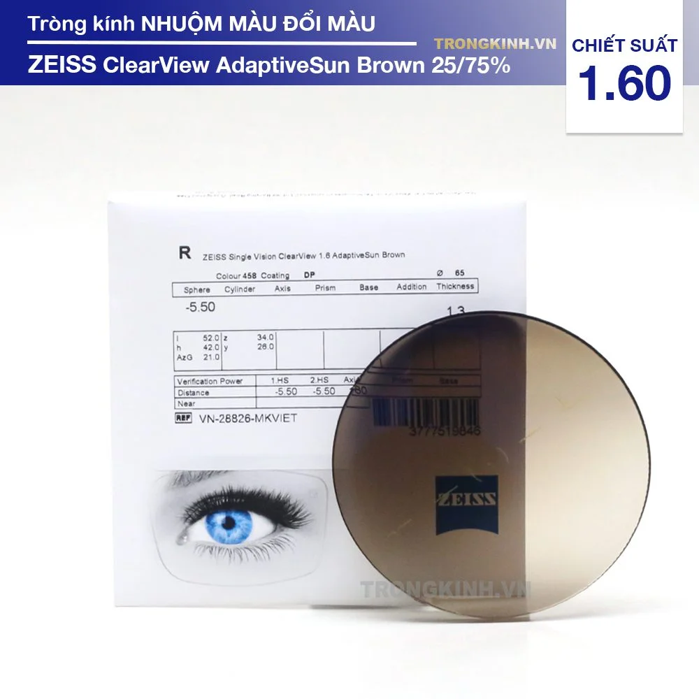 Tròng kính Mát Đổi màu ZEISS ClearView AdaptiveSun Brown 25/75%
