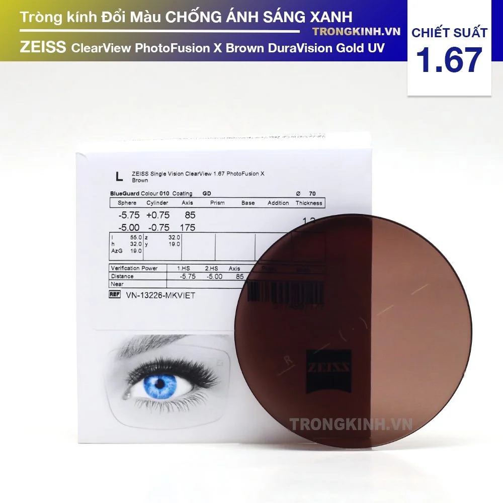Tròng kính siêu mỏng đổi màu tốt nhất của Đức ZEISS ClearView PhotoFusion X Brown DuraVision Gold UV 1.67