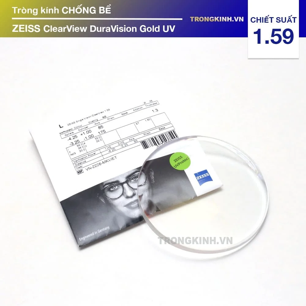 Tròng kính chống bể cho gọng kính bắt ốc Zeiss ClearView DuraVision Gold UV 1.59