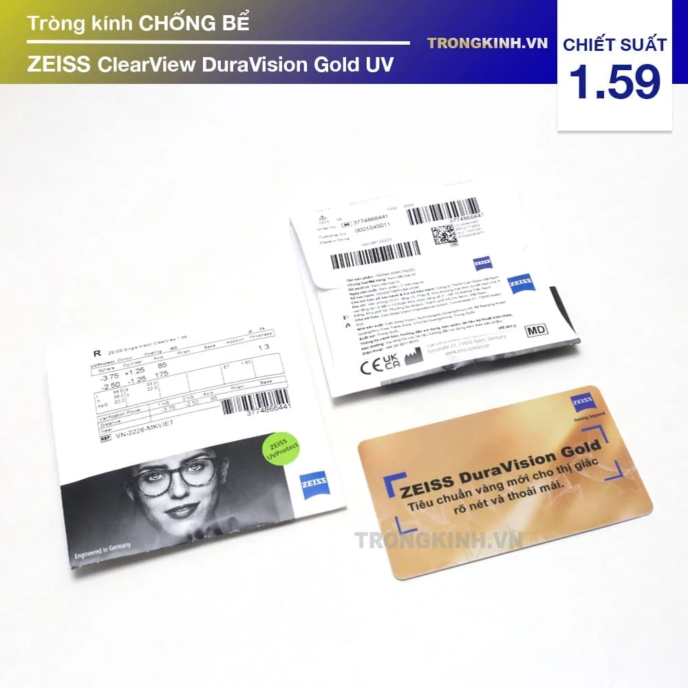 Tròng kính chống bể cho gọng kính bắt ốc Zeiss ClearView DuraVision Gold UV 1.59