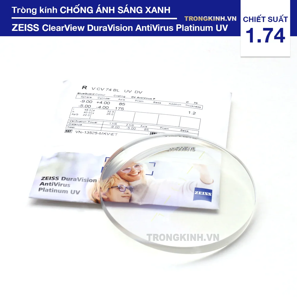 Tròng kính Siêu Mỏng Chống Ánh Sáng Xanh ZEISS ClearView DuraVision AntiVirus Platinum UV 1.74