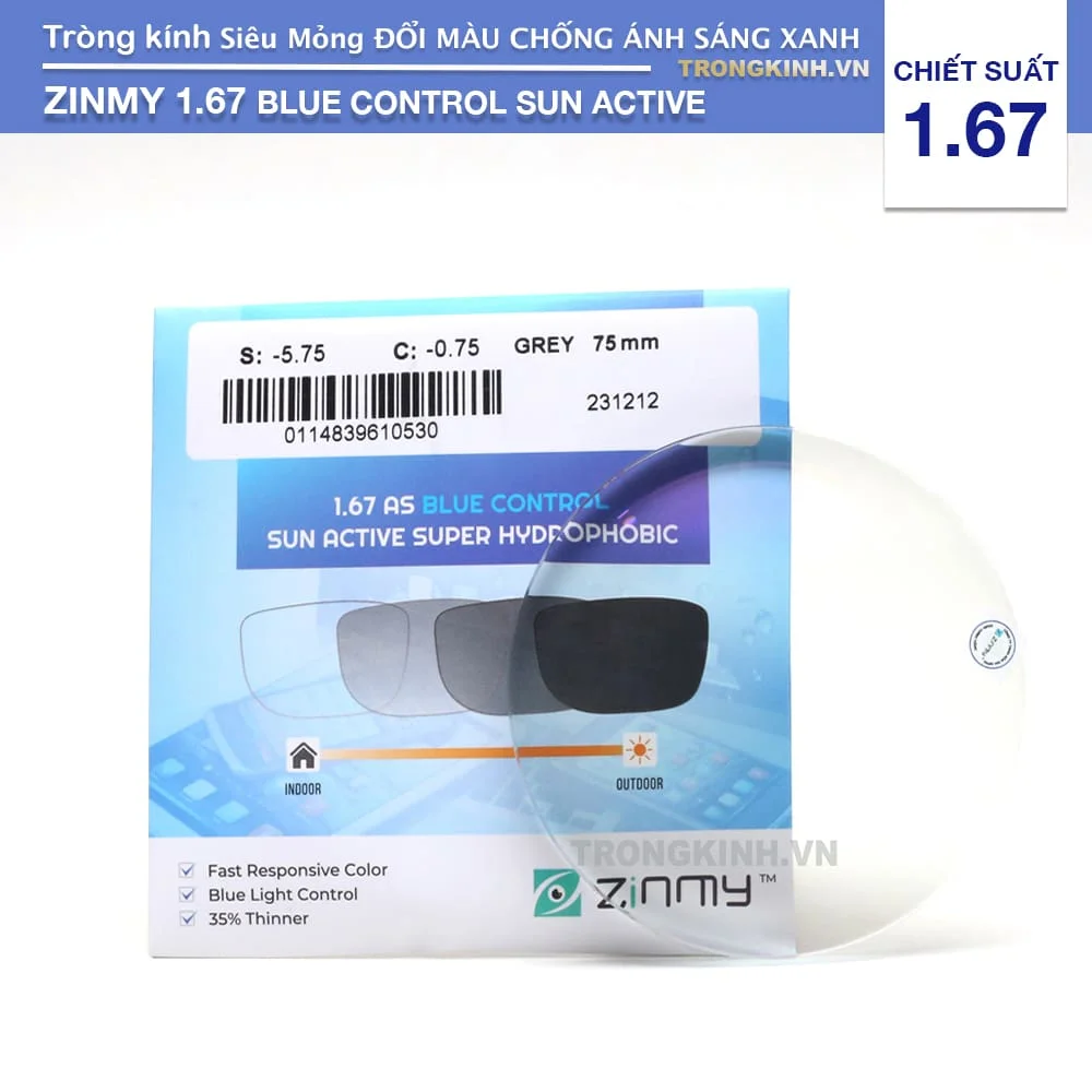 Tròng kính Siêu Mỏng Đổi Màu Chống Ánh Sáng Xanh Zinmy Blue Control Sun Active 1.67
