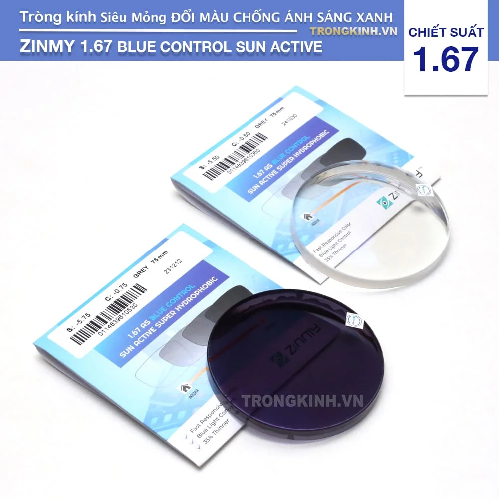 Tròng kính Siêu Mỏng Đổi Màu Chống Ánh Sáng Xanh Zinmy Blue Control Sun Active 1.67