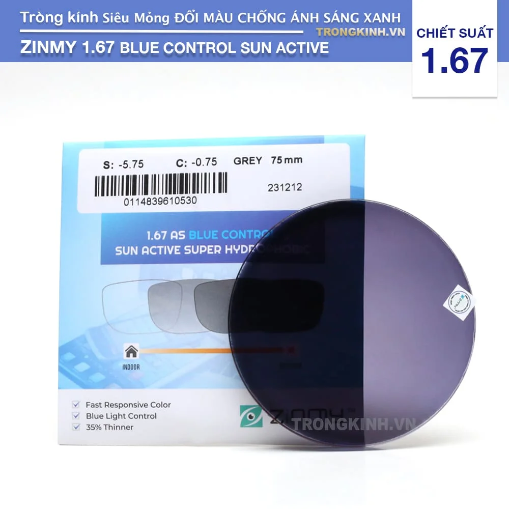 Tròng kính Siêu Mỏng Đổi Màu Chống Ánh Sáng Xanh Zinmy Blue Control Sun Active 1.67
