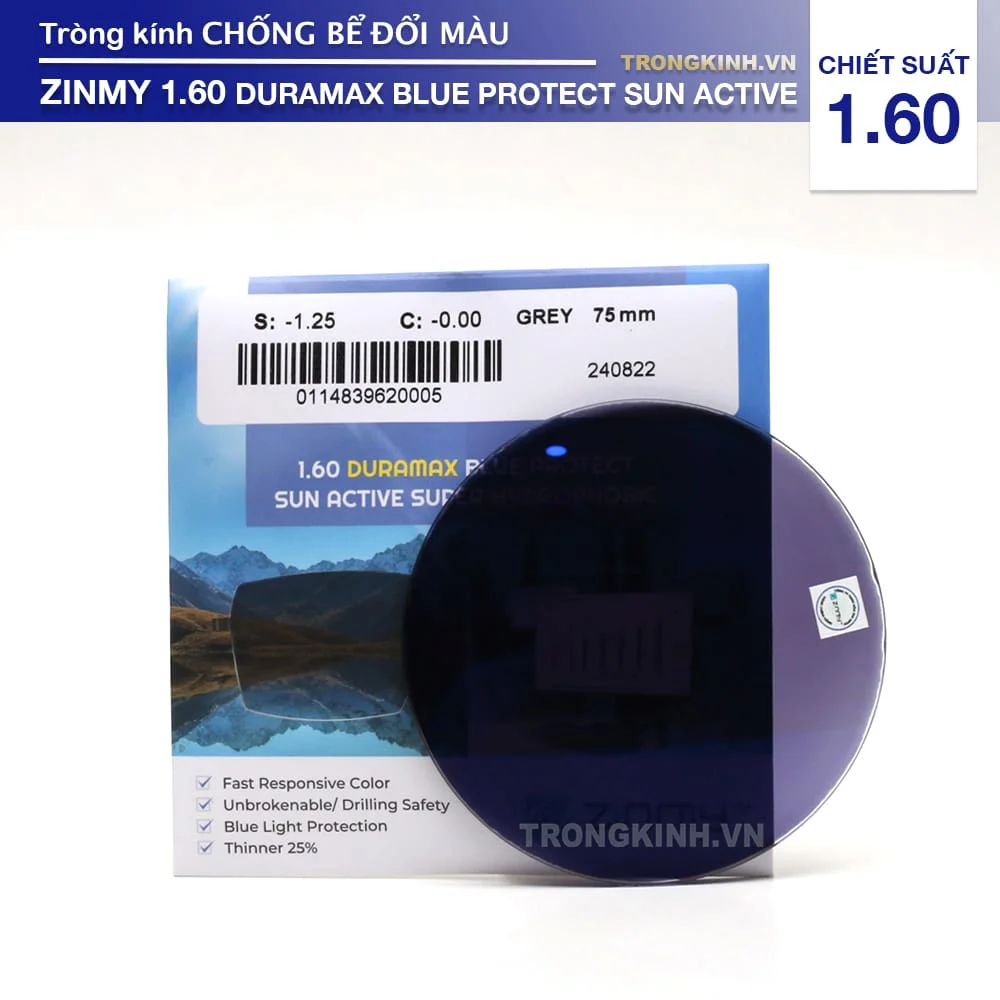 Tròng kính Chống Bể Đổi Màu Zinmy Duramax Blue Protect Sun Active