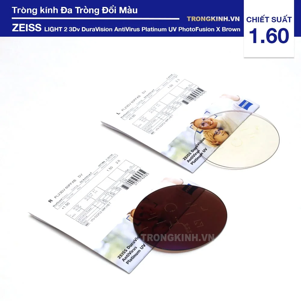 Tròng kính Đa Tròng Đổi màu Nâu ZEISS LIGHT 2 3Dv DuraVision AntiVirus Platinum UV PhotoFusion X Brown