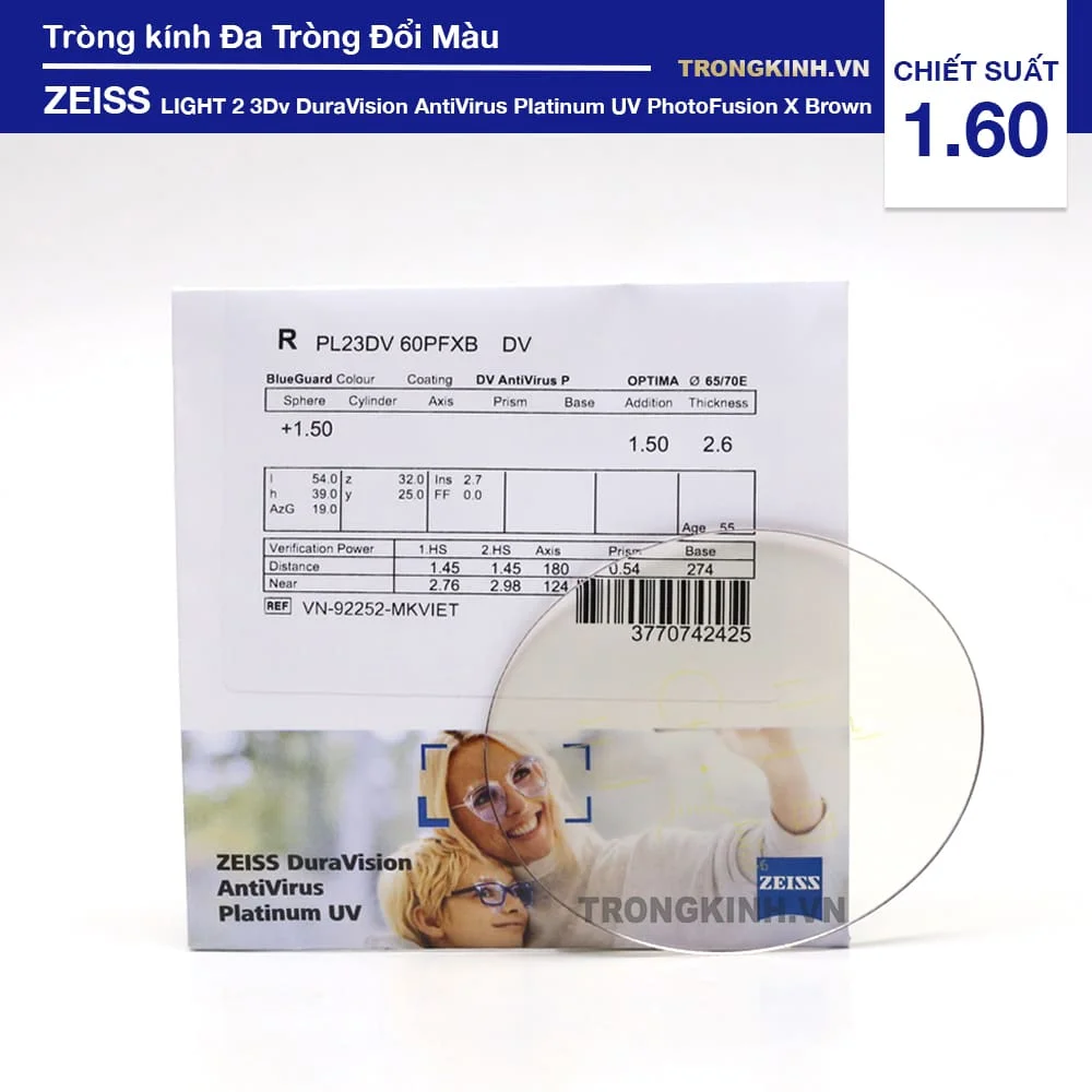 Tròng kính Đa Tròng Đổi màu Nâu ZEISS LIGHT 2 3Dv DuraVision AntiVirus Platinum UV PhotoFusion X Brown