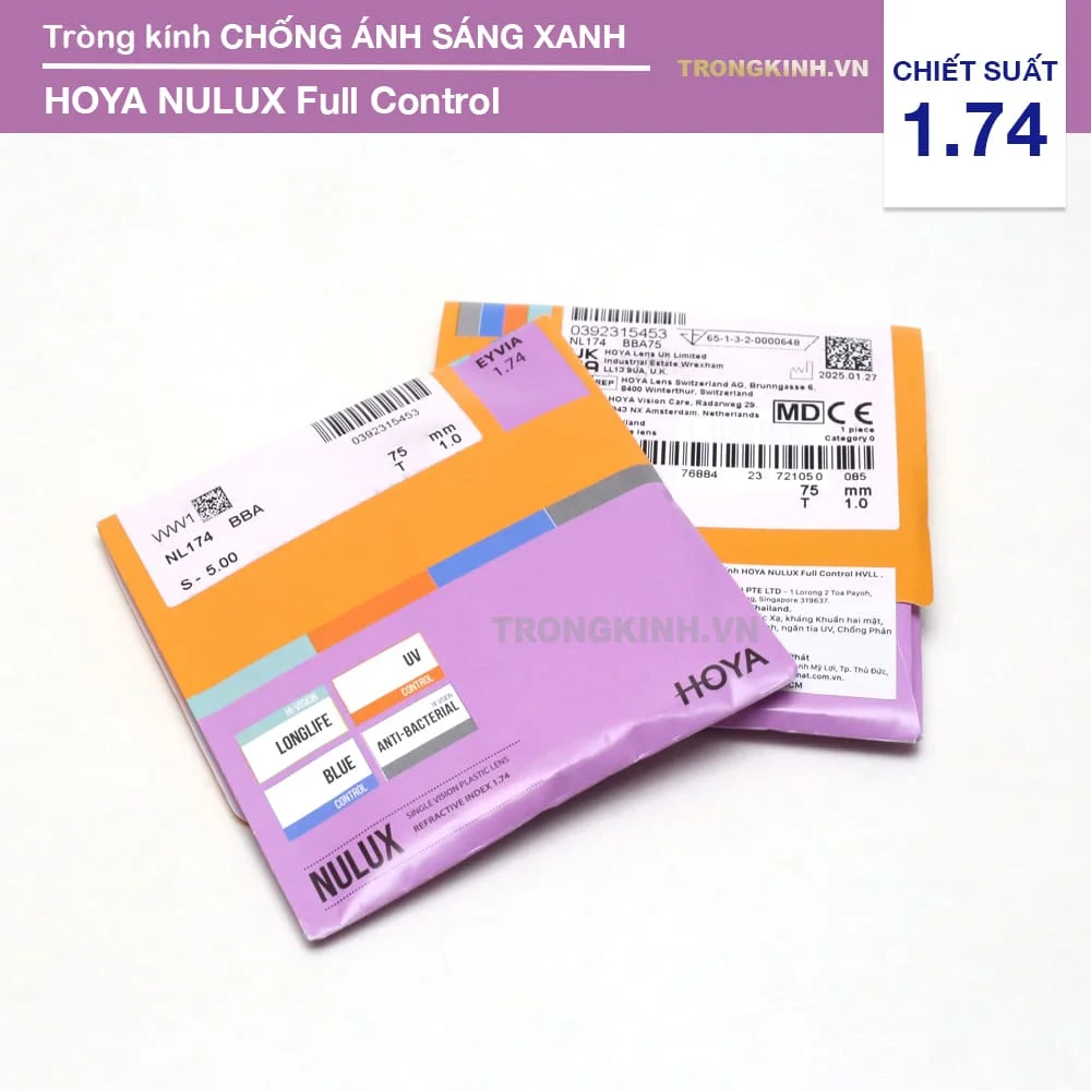 Tròng Kính Siêu Mỏng Chống Ánh Sáng Xanh Nulux Full Control Hoya 1.74