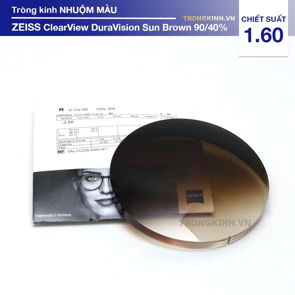 Tròng kính Nhuộm màu của Đức ZEISS ClearView Duravision Sun