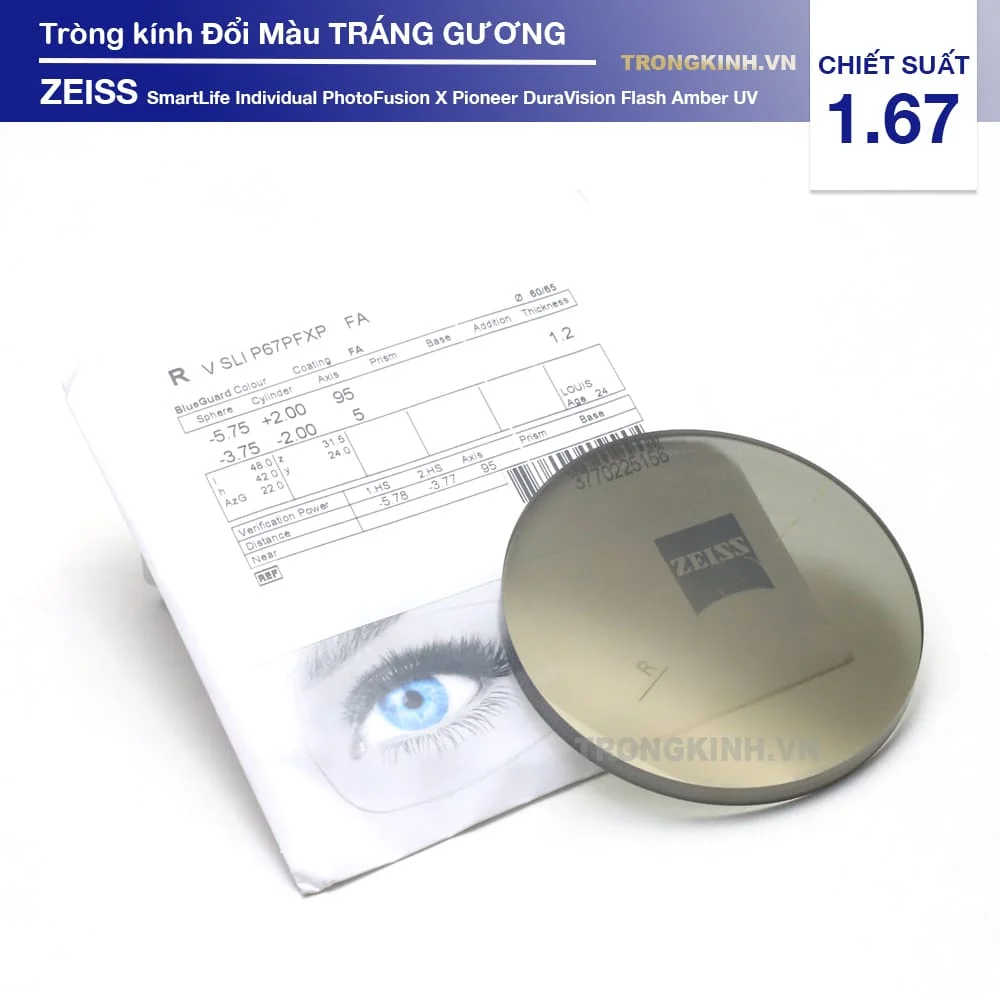 Tròng kính Đổi Màu Tráng Gương SmartLife Individual PhotoFusion X Pioneer DuraVision Flash Amber UV 1.67