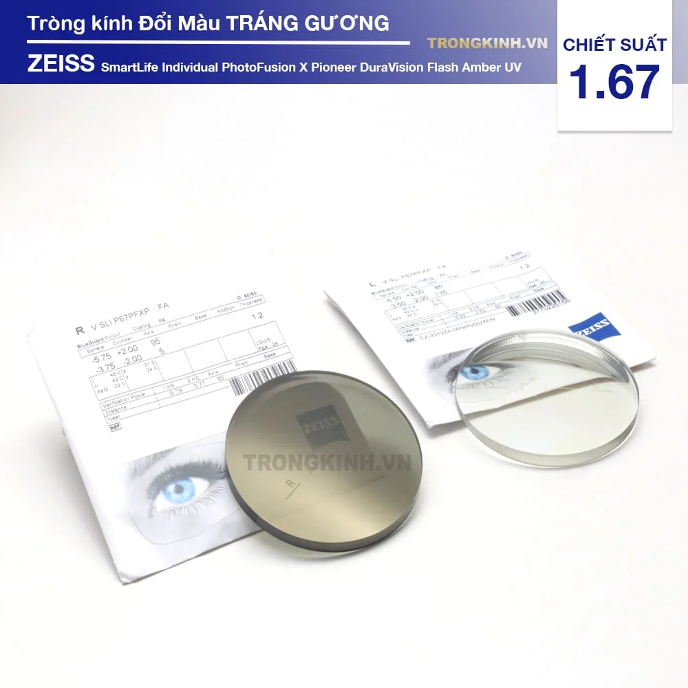 Tròng kính Đổi Màu Tráng Gương SmartLife Individual PhotoFusion X Pioneer DuraVision Flash Amber UV 1.67