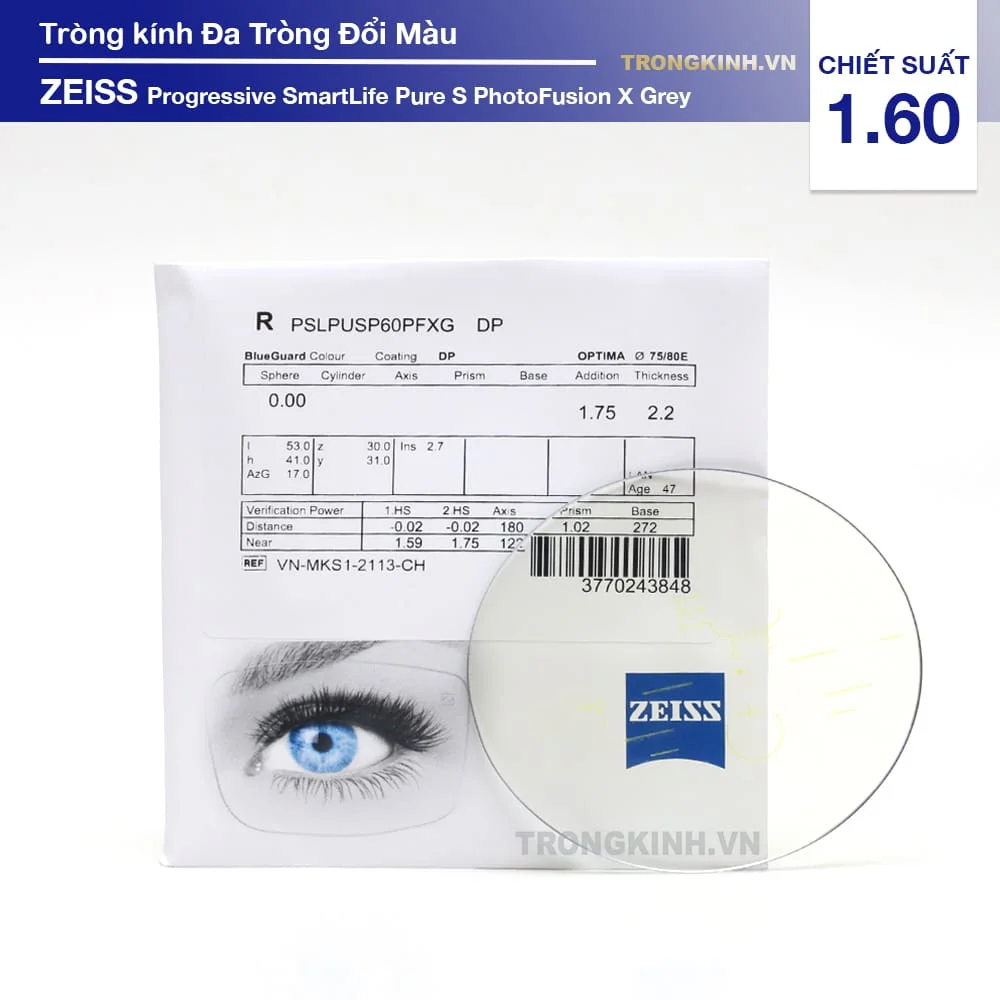 Tròng kính Đa Tròng Đổi Màu ZEISS SmartLife Pure PhotoFusion X Grey