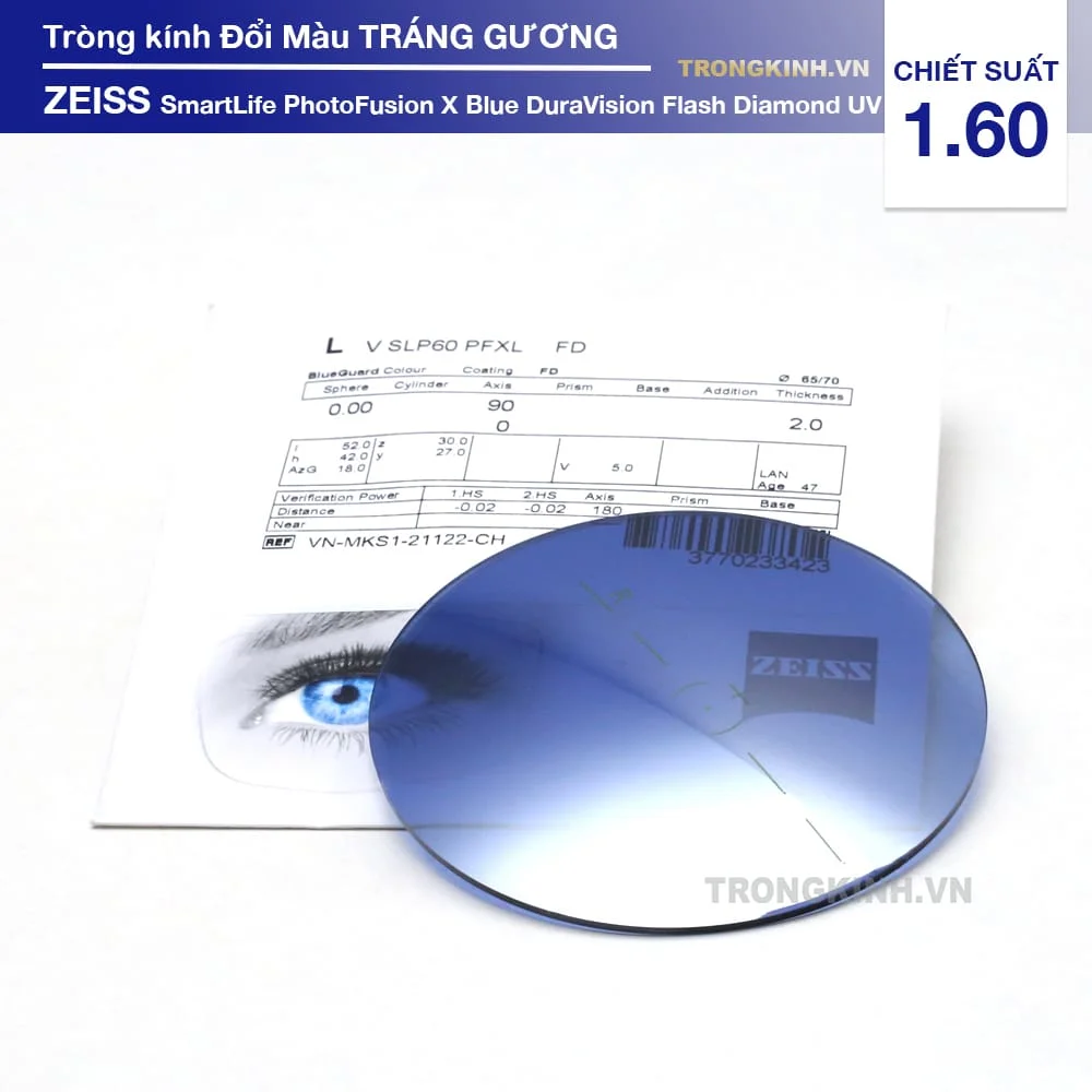 Tròng kính Đổi Màu Tráng Gương Xanh ZEISS SmartLife PhotoFusion X Blue DuraVision Flash Diamond