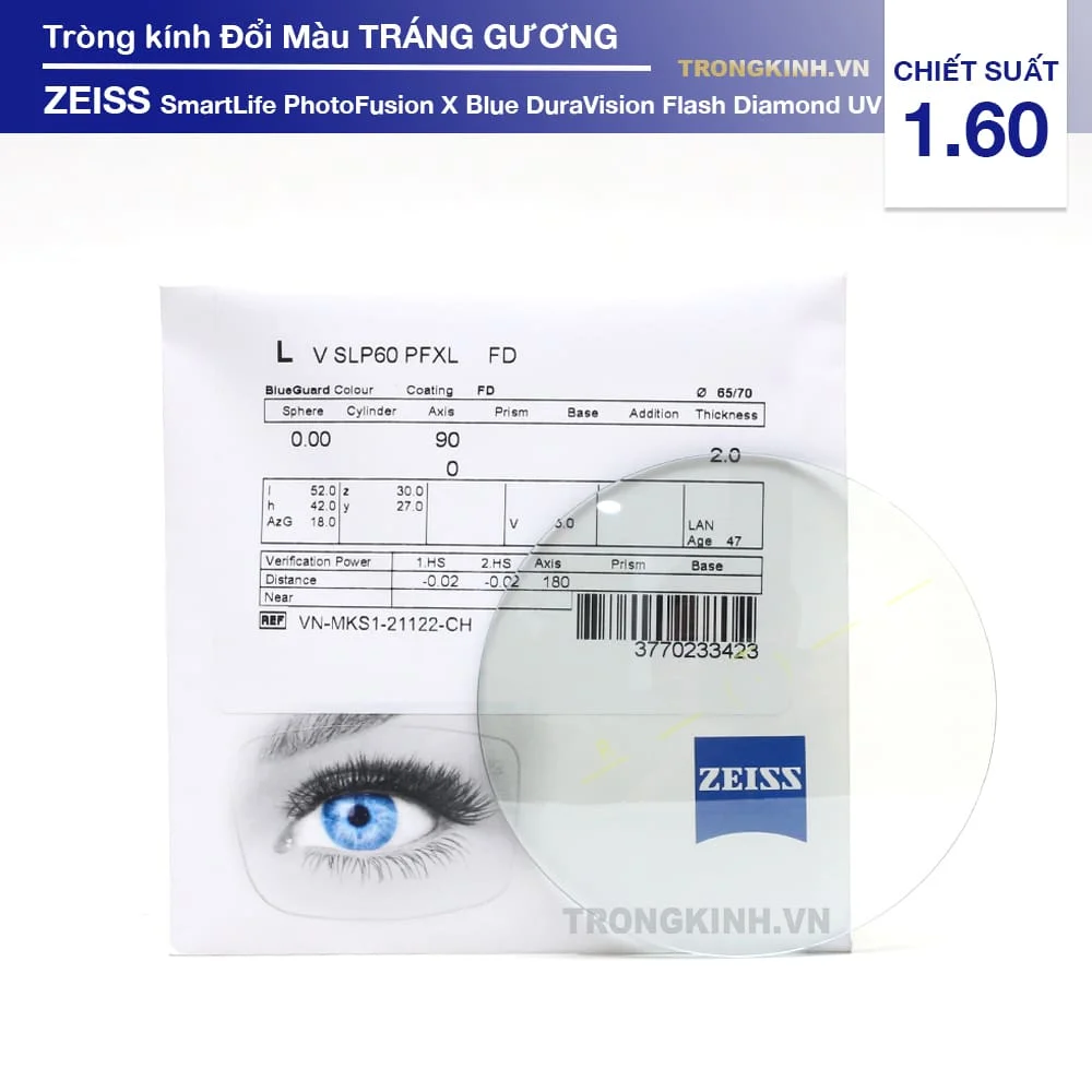 Tròng kính Đổi Màu Tráng Gương Xanh ZEISS SmartLife PhotoFusion X Blue DuraVision Flash Diamond