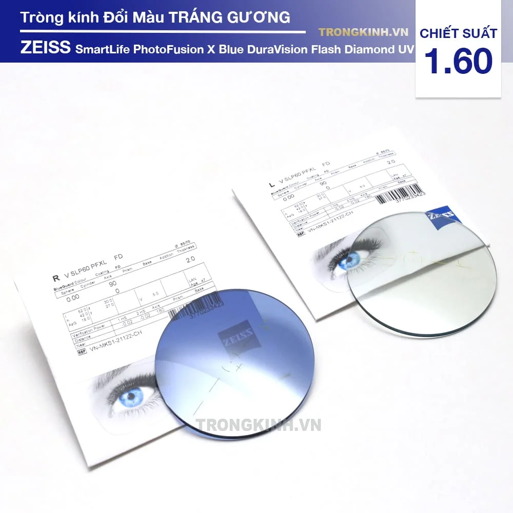 Tròng kính Đổi Màu Tráng Gương Xanh ZEISS SmartLife PhotoFusion X Blue DuraVision Flash Diamond