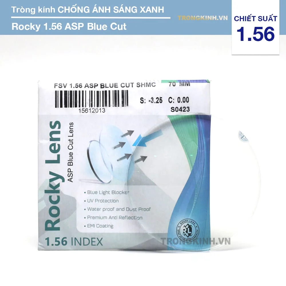 Tròng kính Chống Ánh Sáng Xanh Rocky 1.56 ASP Bluecut SHMC