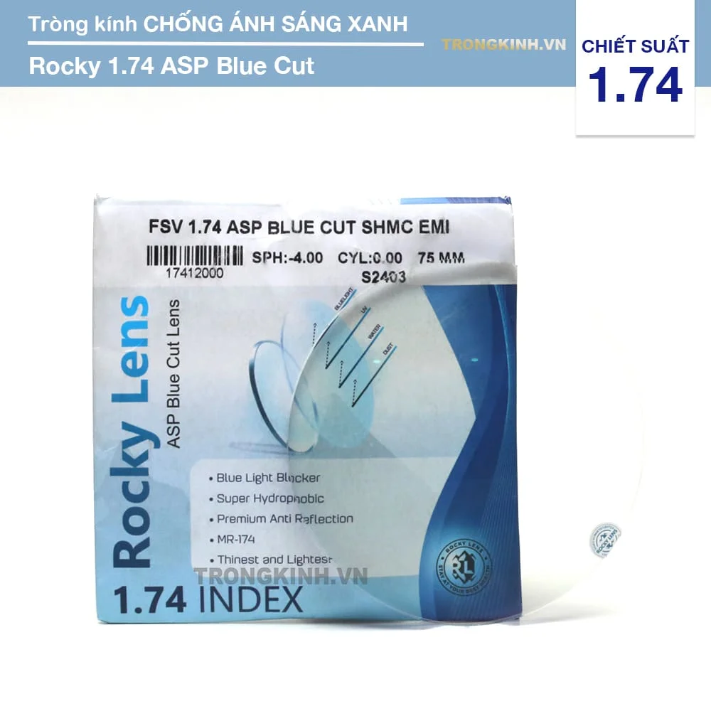 Tròng kính Siêu Mỏng Chống Ánh Sáng Xanh Rocky 1.74 ASP Blue Cut