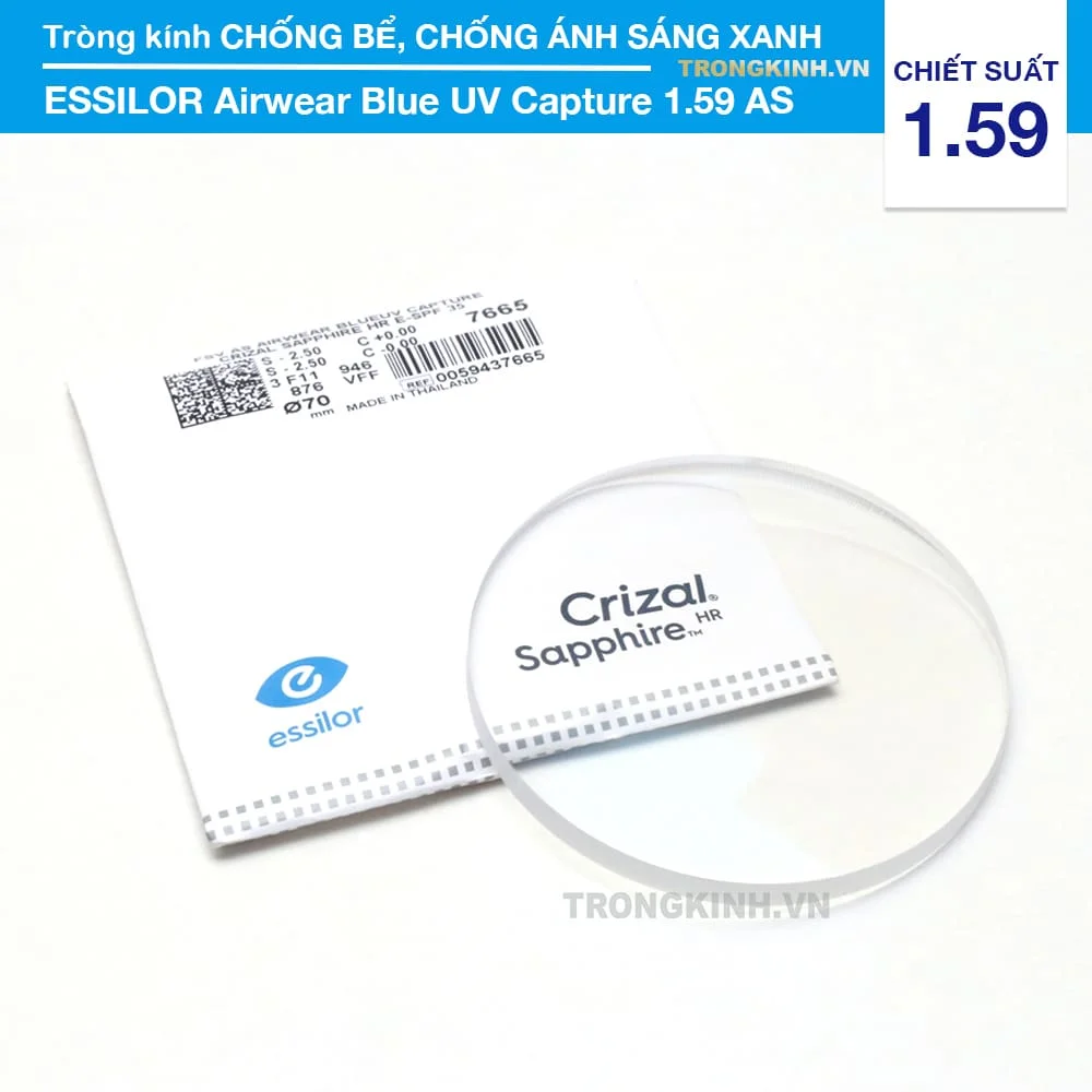 Tròng kính Chống Chói Lái Xe Chống Vỡ Essilor Crizal Sapphire HR Blue UV Capture 1.59 AS Airwear
