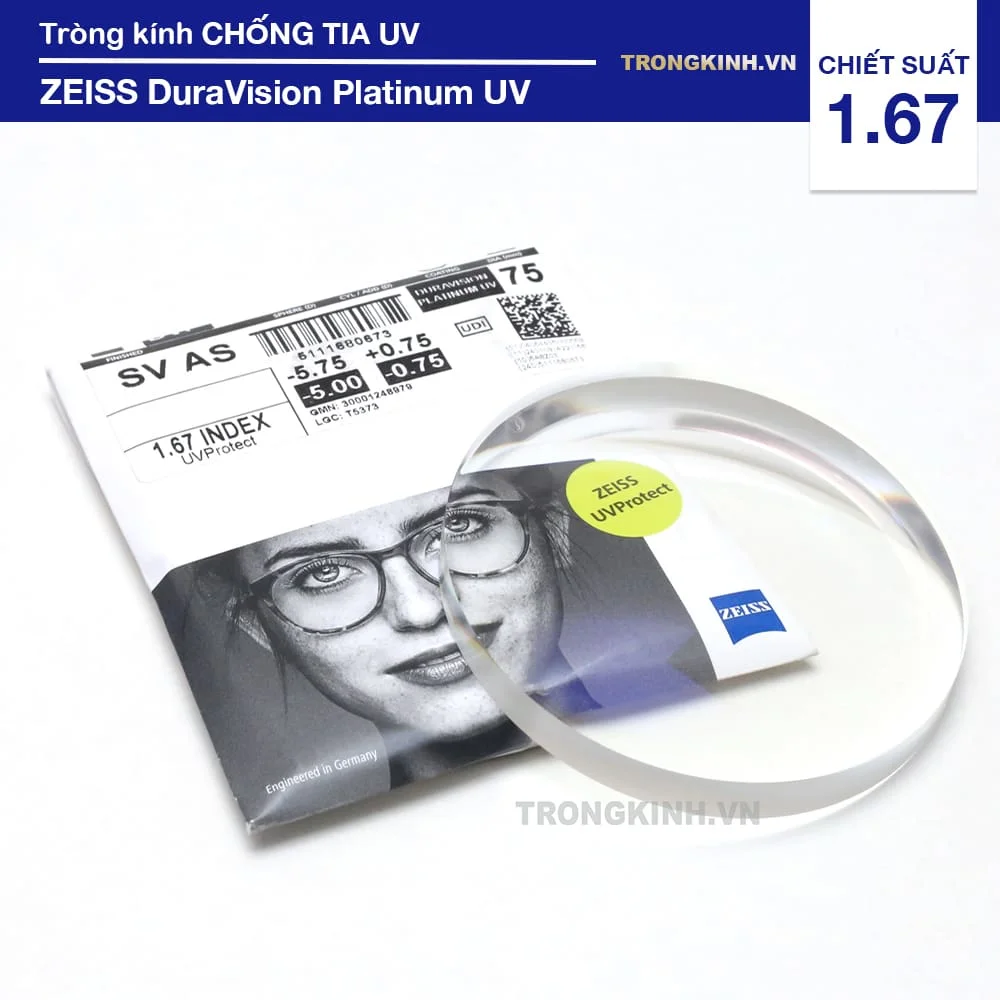 Tròng kính siêu mỏng Chống Chói Zeiss DuraVision Platinum UV 1.67