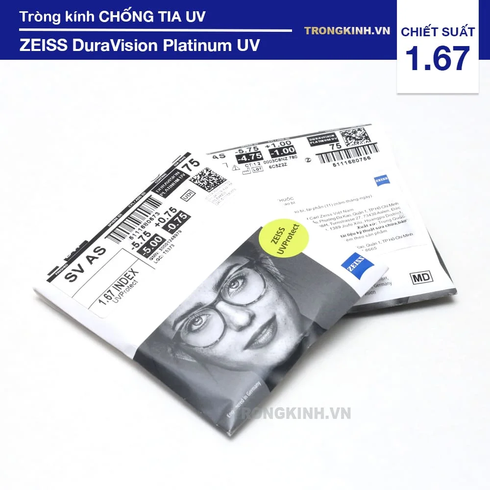 Tròng kính siêu mỏng Chống Chói Zeiss DuraVision Platinum UV 1.67