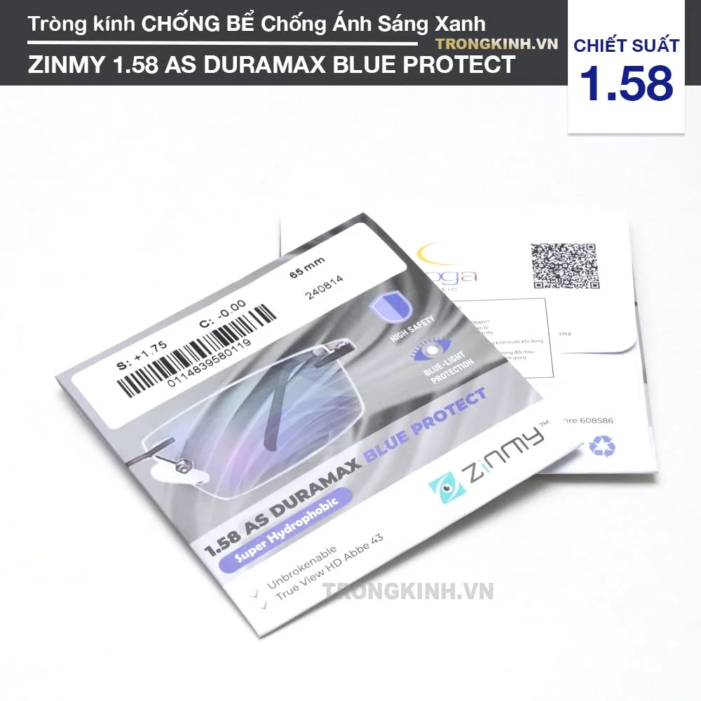 Tròng kính Chống Bể Chống Ánh Sáng Xanh Zinmy 1.58 AS Duramax Blue Protect
