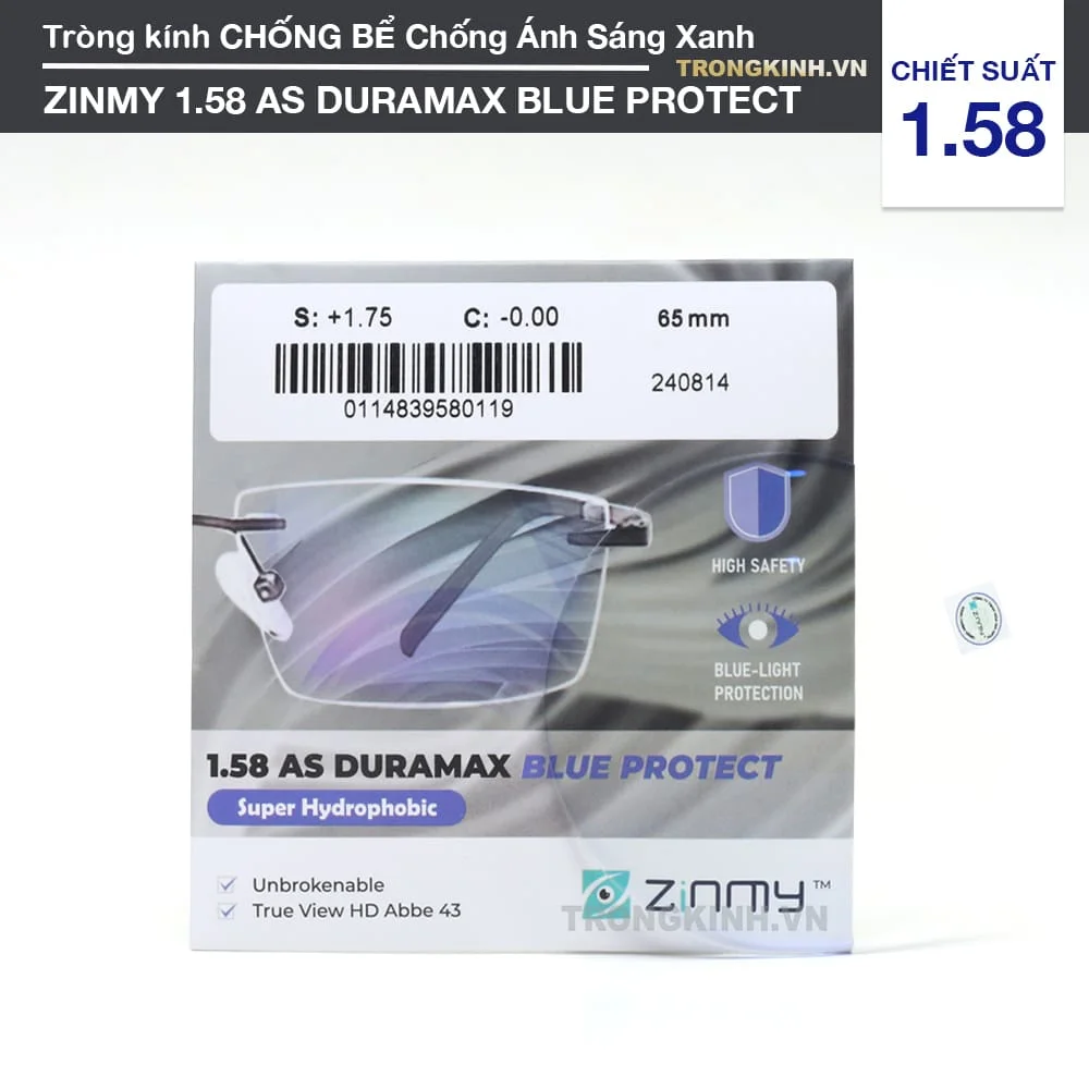 Tròng kính Chống Bể Chống Ánh Sáng Xanh Zinmy 1.58 AS Duramax Blue Protect