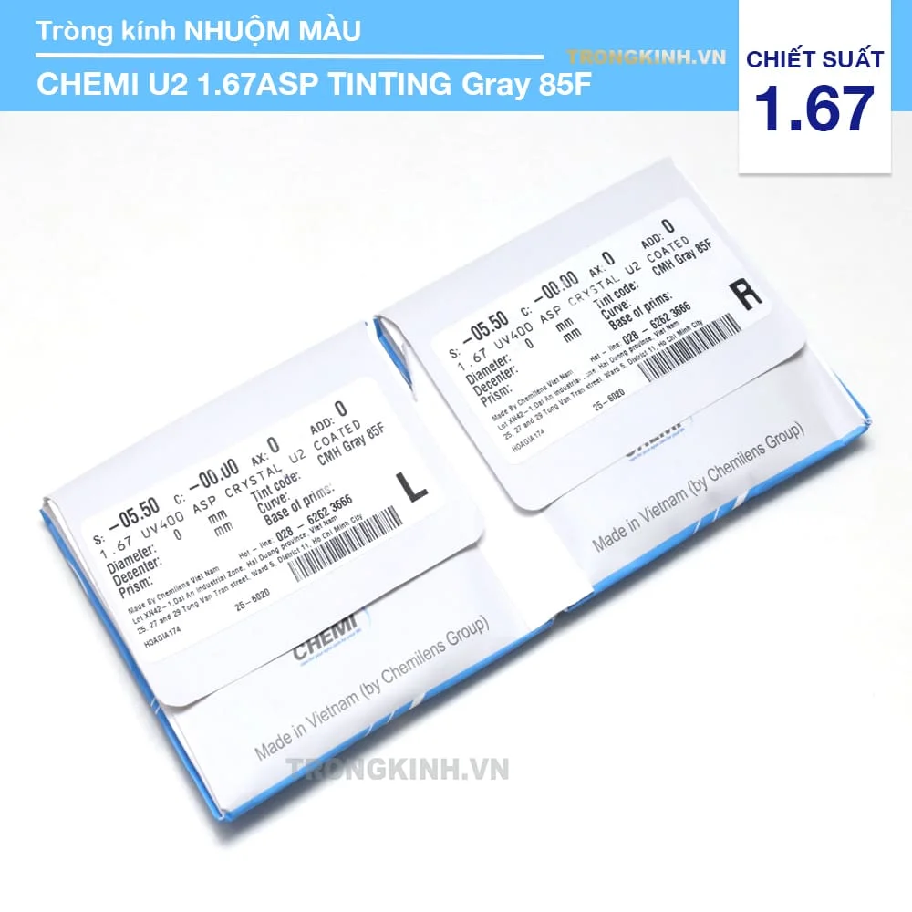 Tròng kính cận Nhuộm Màu Mát Chemi U2 1.67SP TINTING Gray 85F