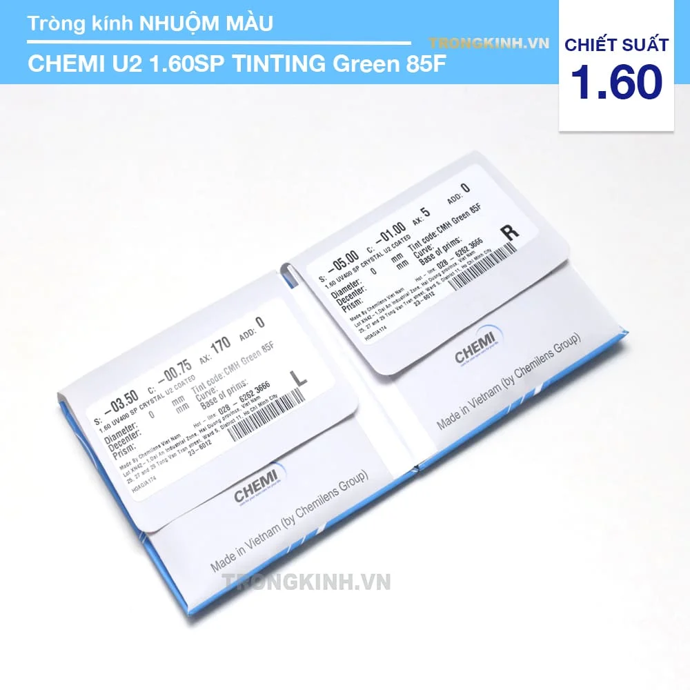 Tròng kính Nhuộm Màu Chemi U2 1.60SP TINTING Green 85F