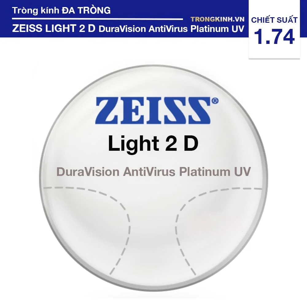 Tròng kính Đa Tròng Siêu Mỏng ZEISS Progressive Light 2 D DuraVision AntiVirus Platinum UV 1.74