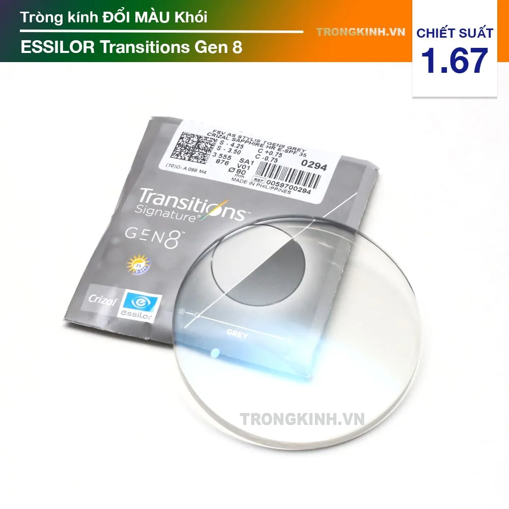 Tròng kính siêu mỏng Đổi Màu Khói Essilor Transitions Gen 8 Grey 1.67