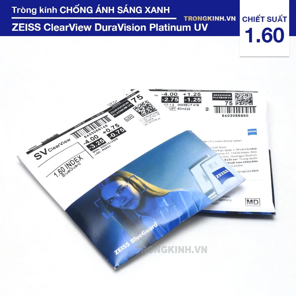 Tròng kính Mỏng Chống Ánh Sáng Xanh ZEISS ClearView DuraVision Platinum UV 1.60
