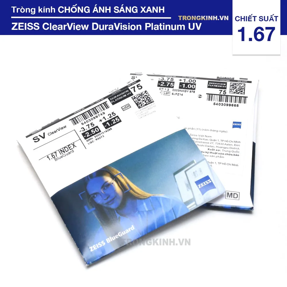 Tròng kính Siêu Mỏng Chống Ánh Sáng Xanh ZEISS ClearView DuraVision Platinum UV 1.67