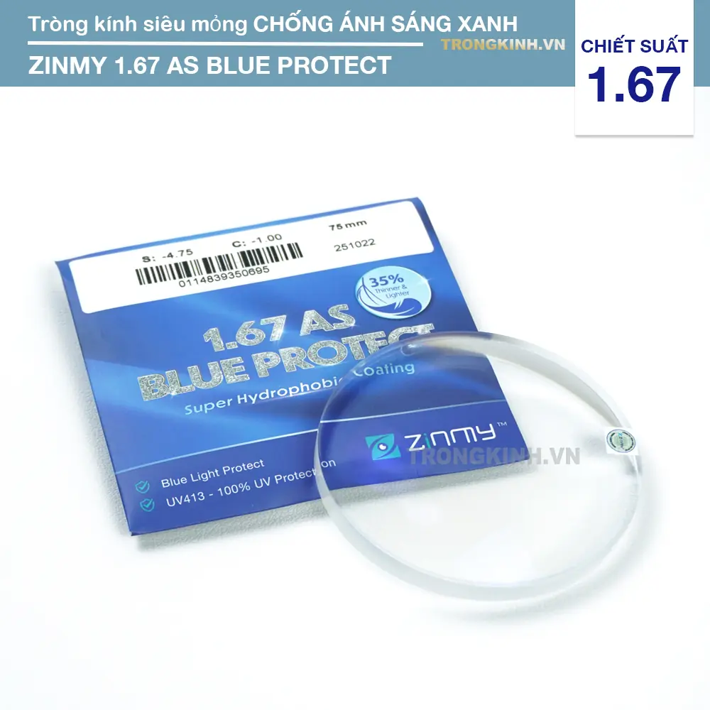 Tròng kính Siêu mỏng Chống Ánh Sáng Xanh ZINMY 1.67 AS Blue Protect